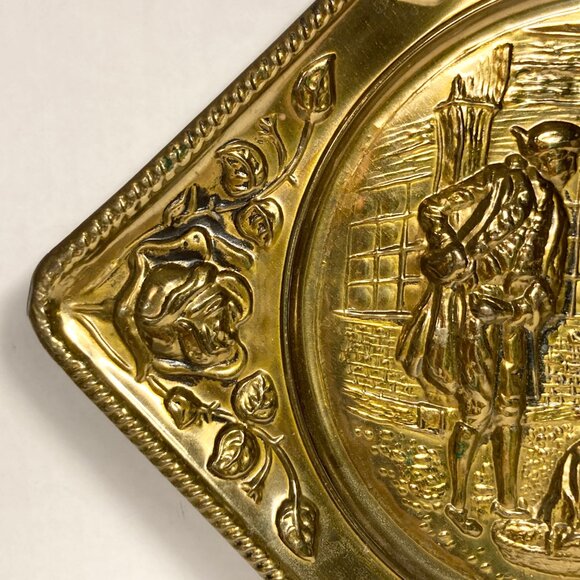 Vintage Victorian Couple Scene Brass Wall Hanging Art Plaque Elpec England Roses - Picture 5 of 11